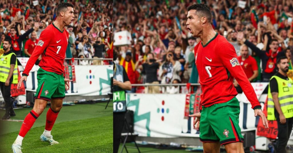 Christiano Ronaldo's celebration after scoring his 910th goal in his professional career